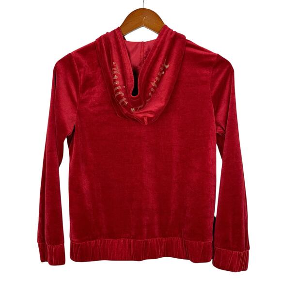 Juicy Couture Red Velvet Full Zip Hoodie Gold Logo Sweatshirt Kids Girls L 12-14 - Picture 6 of 8